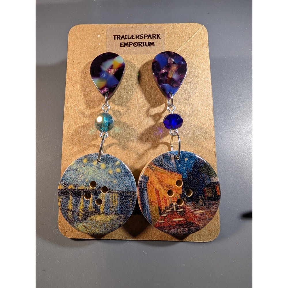 Trailerspark Emporium Artistic Wooden Button Drop Earrings Nickel Free Blue